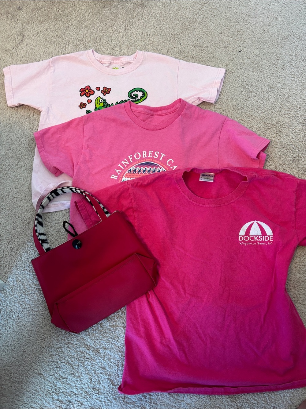 Three T-Shirts, Gildan Hot Pink Crewneck T-Shirt, and two unbranded + pink bag.